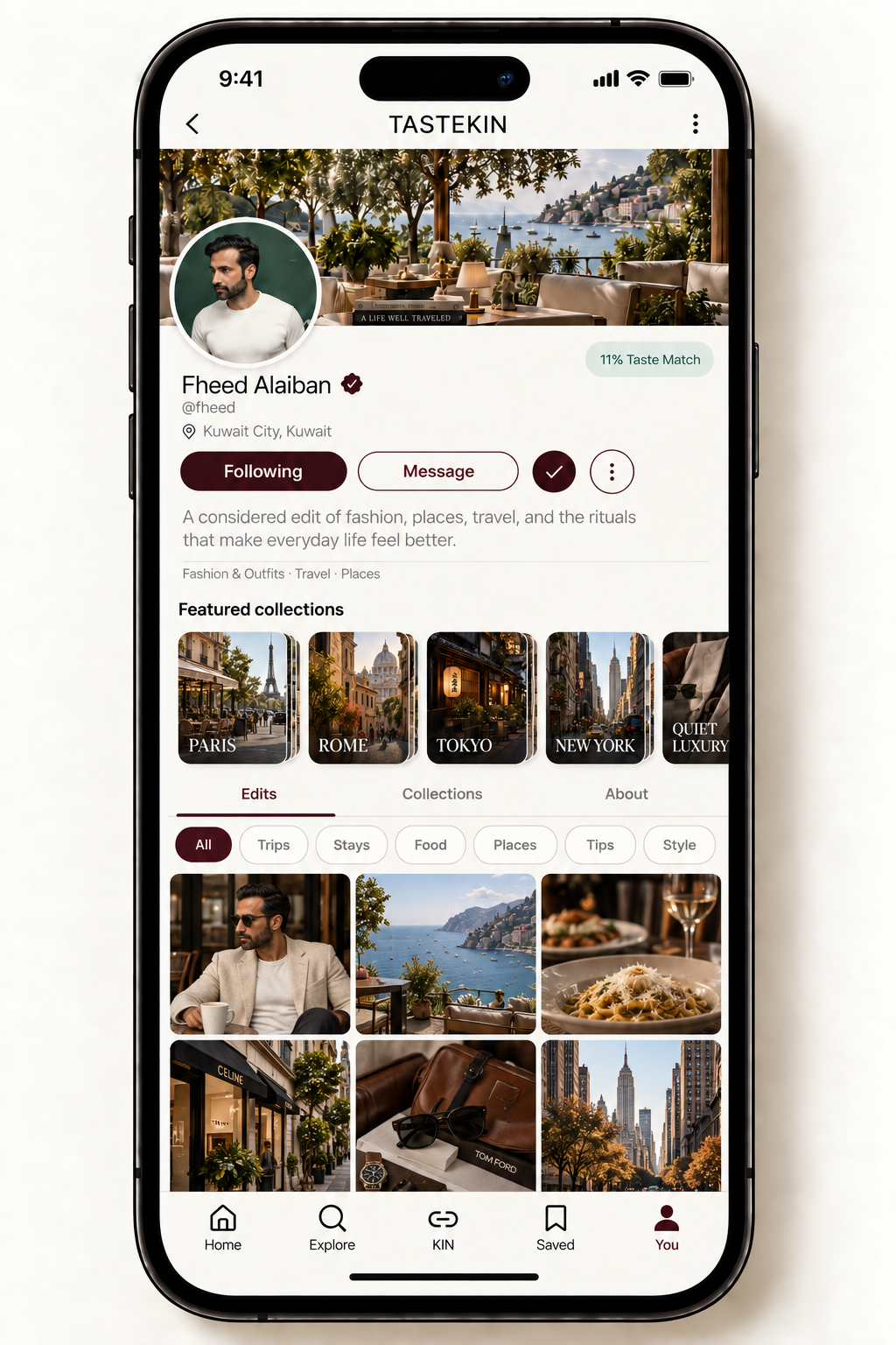 TASTEKIN profile with featured Paris, Rome, Tokyo, New York and quiet-luxury collections above the Edits grid